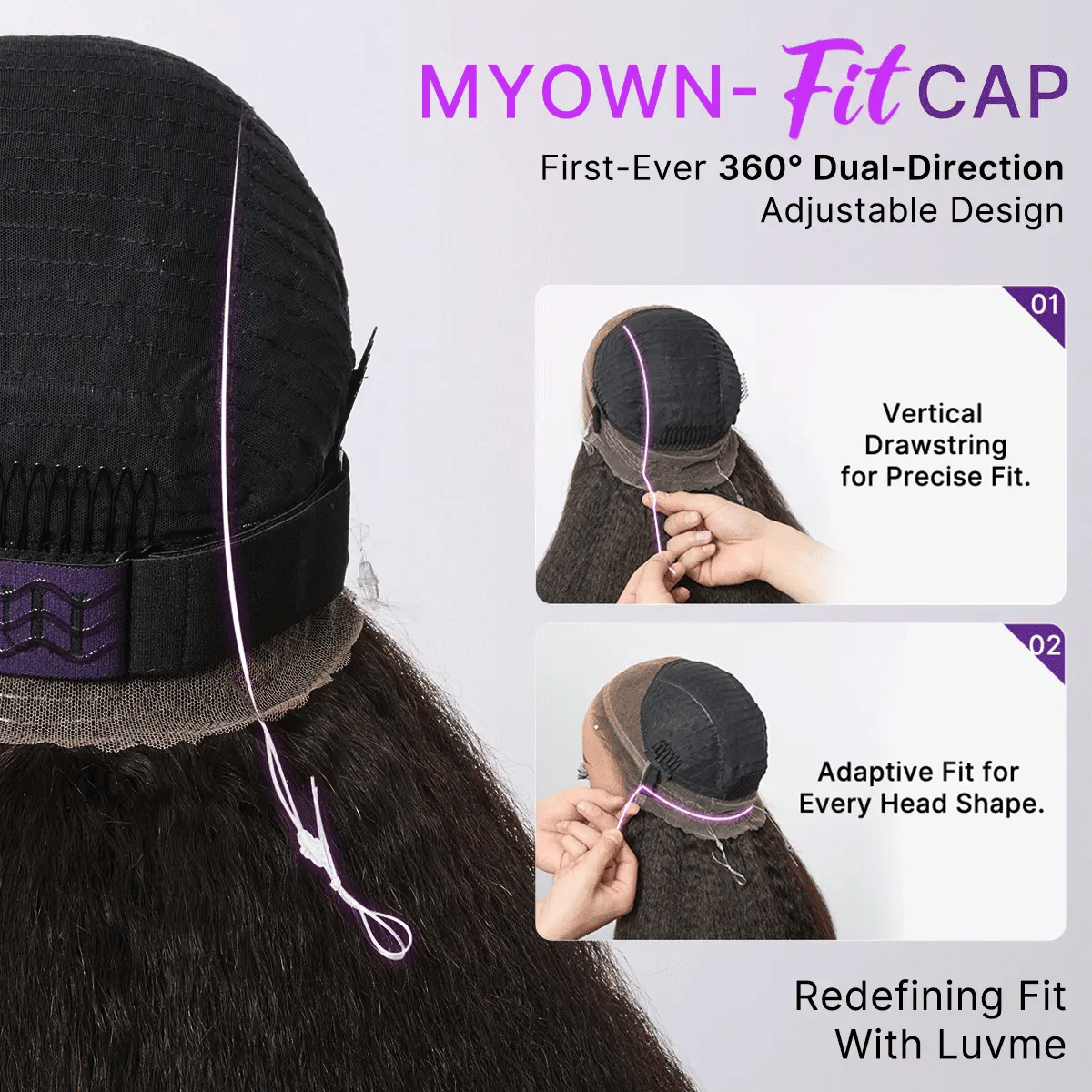 Luvme Hair MyOwn-Fit™ 360 HD lace-free water wave wig with flexi-fit cap and pre-cut lace, showcasing the textured hair and cap design.
