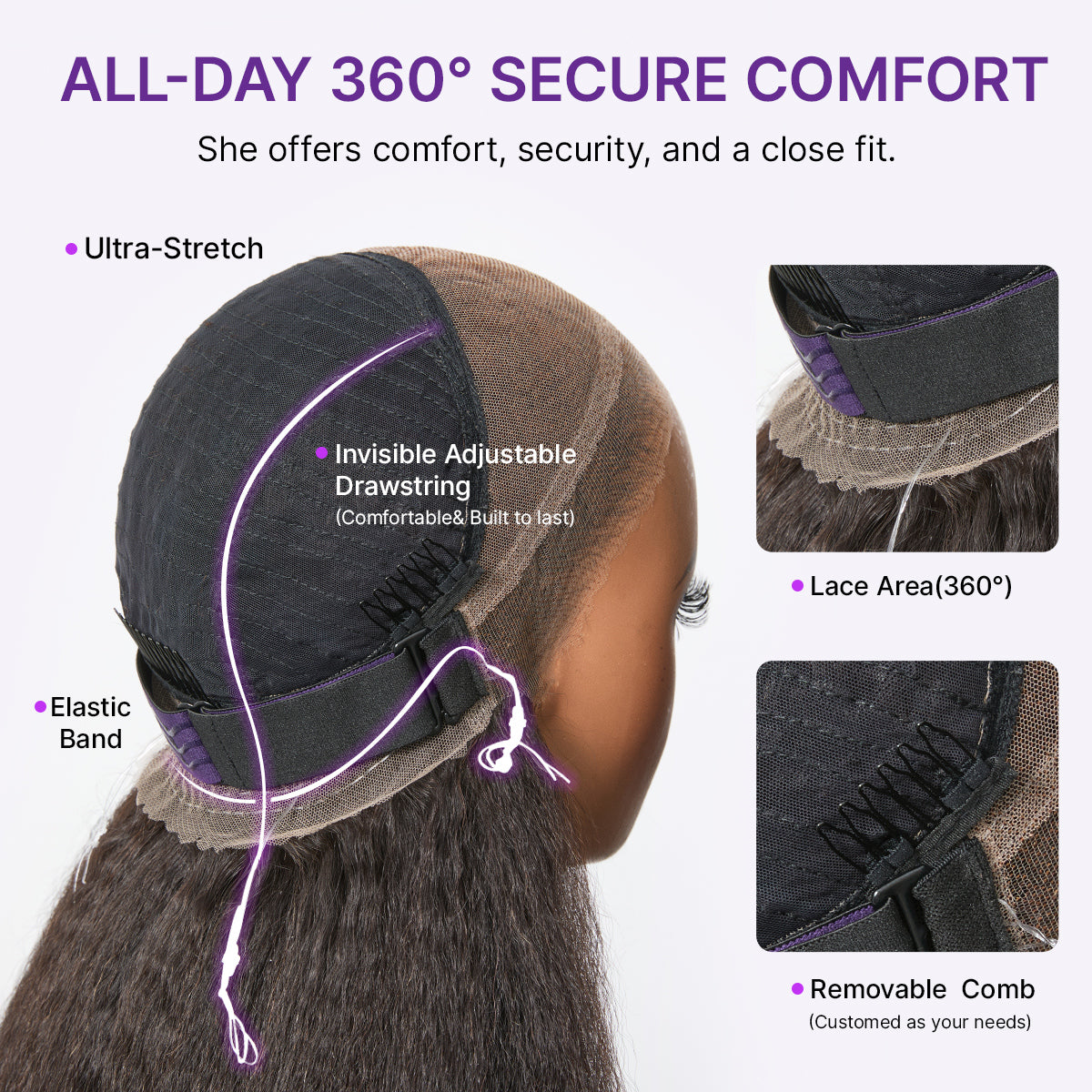 Luvme Hair MyOwn-Fit™ 360 HD Lace Free Parting Water Wave Wig with Flexi-Fit Invisi Drawstring Cap and pre-cut lace, natural water wave style.
