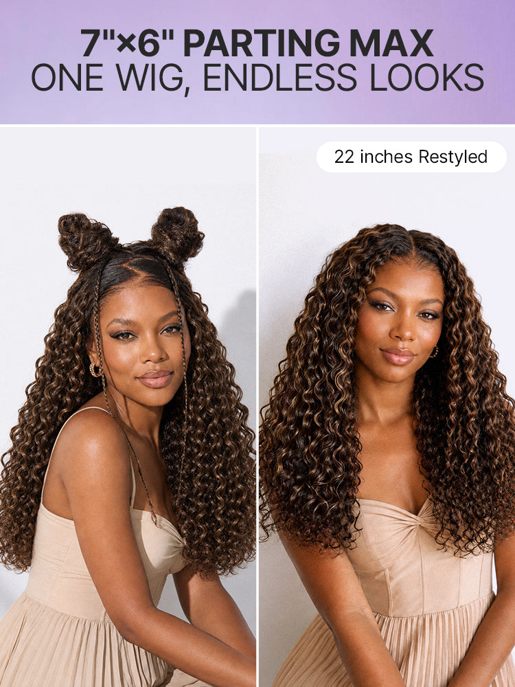 All-Day Comfort™ Curly 7x6 HD Lace Wig – Glueless, Pre-Cut, Brown Highlights