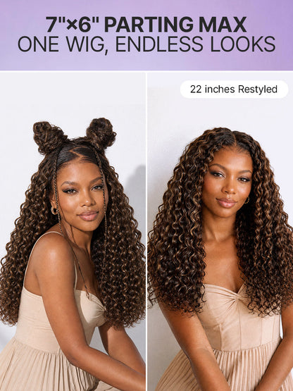 All-Day Comfort™ Curly 7x6 HD Lace Wig – Glueless, Pre-Cut, Brown Highlights